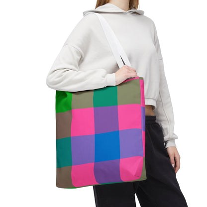 Young woman wearing colorblock check tote bag 18×18 on shoulder with bold stripe design - LeBonJournal
