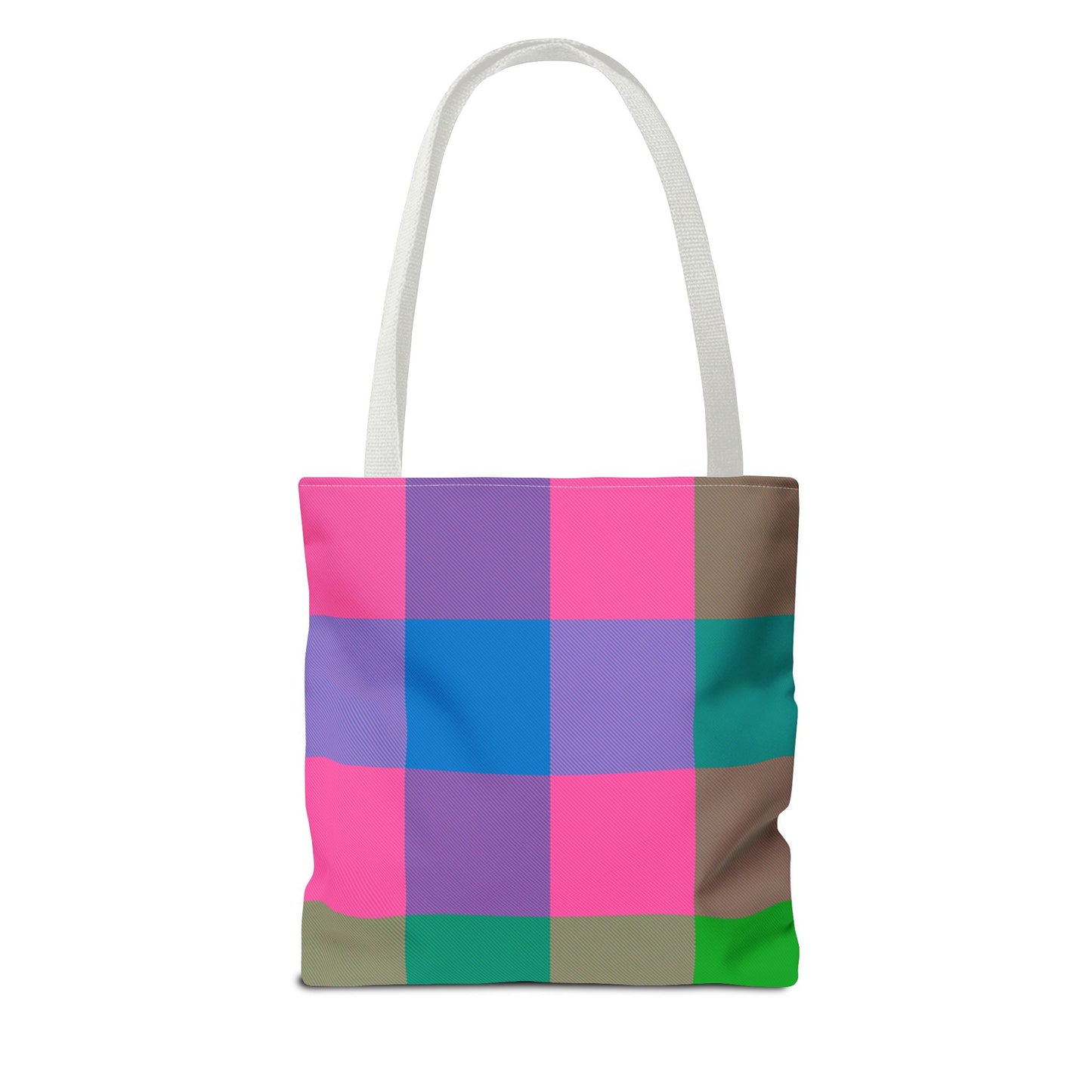 Colorblock check tote bag back view with bold wide stripe pattern in pink, green, teal and blue - LeBonJournal