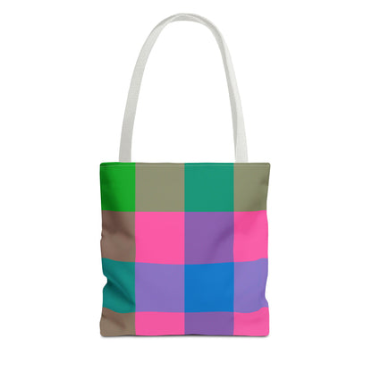 Colorblock check tote bag with bold wide intersecting stripes in neon pink, green, teal and blue - LeBonJournal