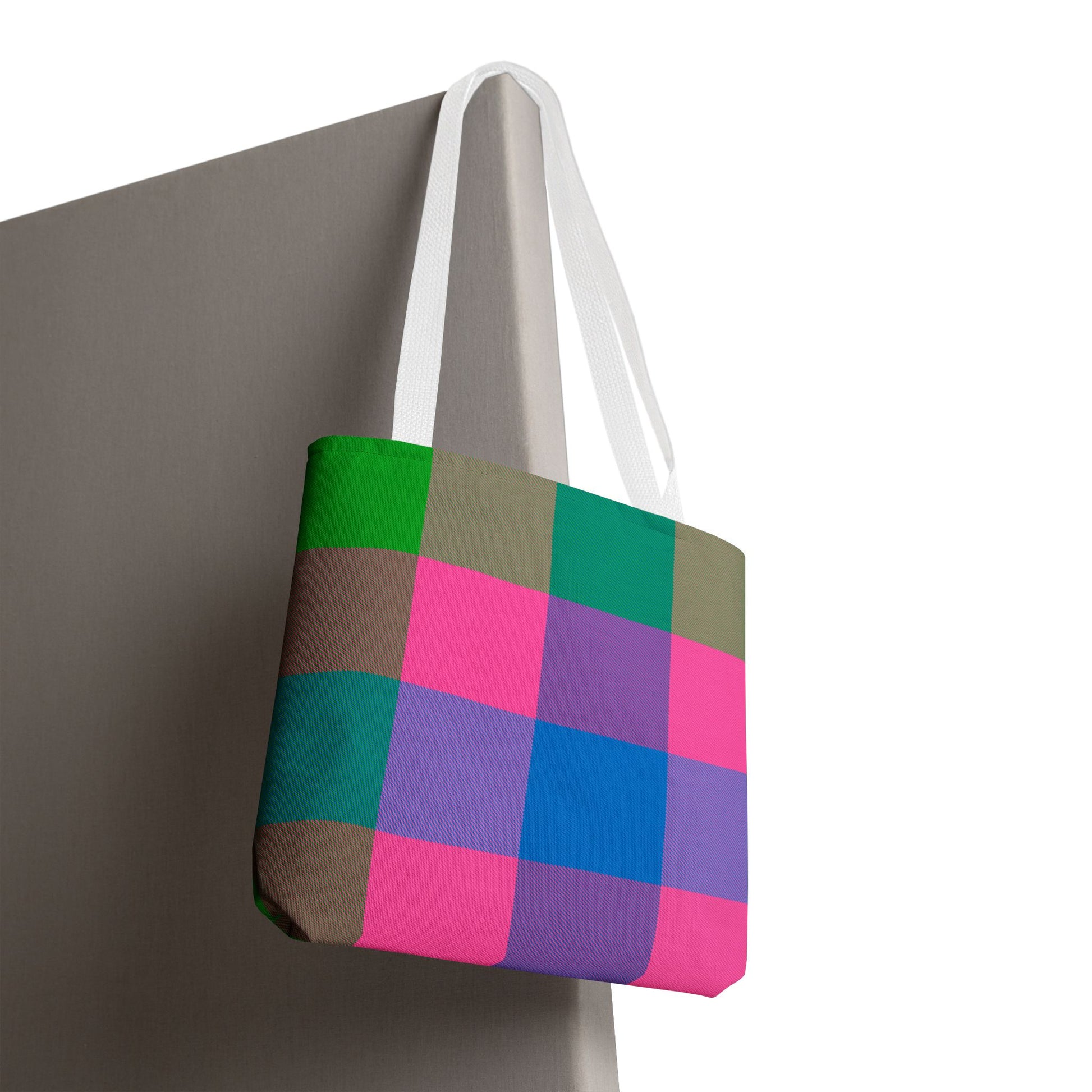Colorblock check tote bag hanging showing full front colorblock stripe pattern and white handles - LeBonJournal