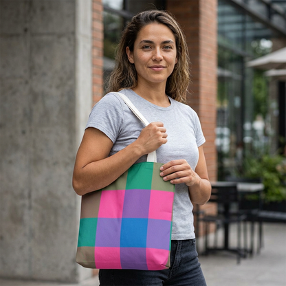 Young woman with colorblock check tote bag in urban street scene with bold pink green teal stripes - LeBonJournal