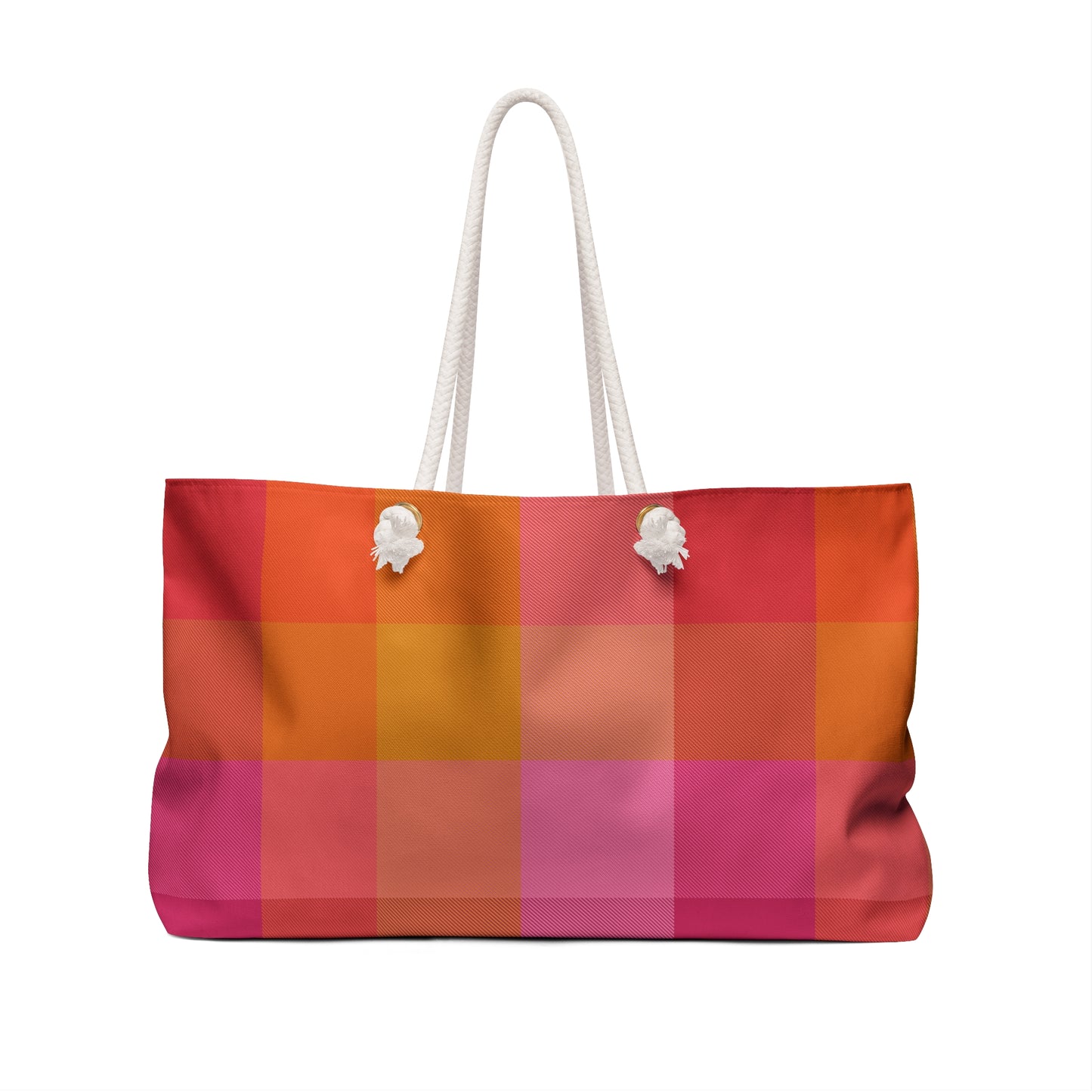 Colorblock plaid campus tote back view in vibrant pink orange and saffron checker pattern with cream rope handles - LeBonJournal