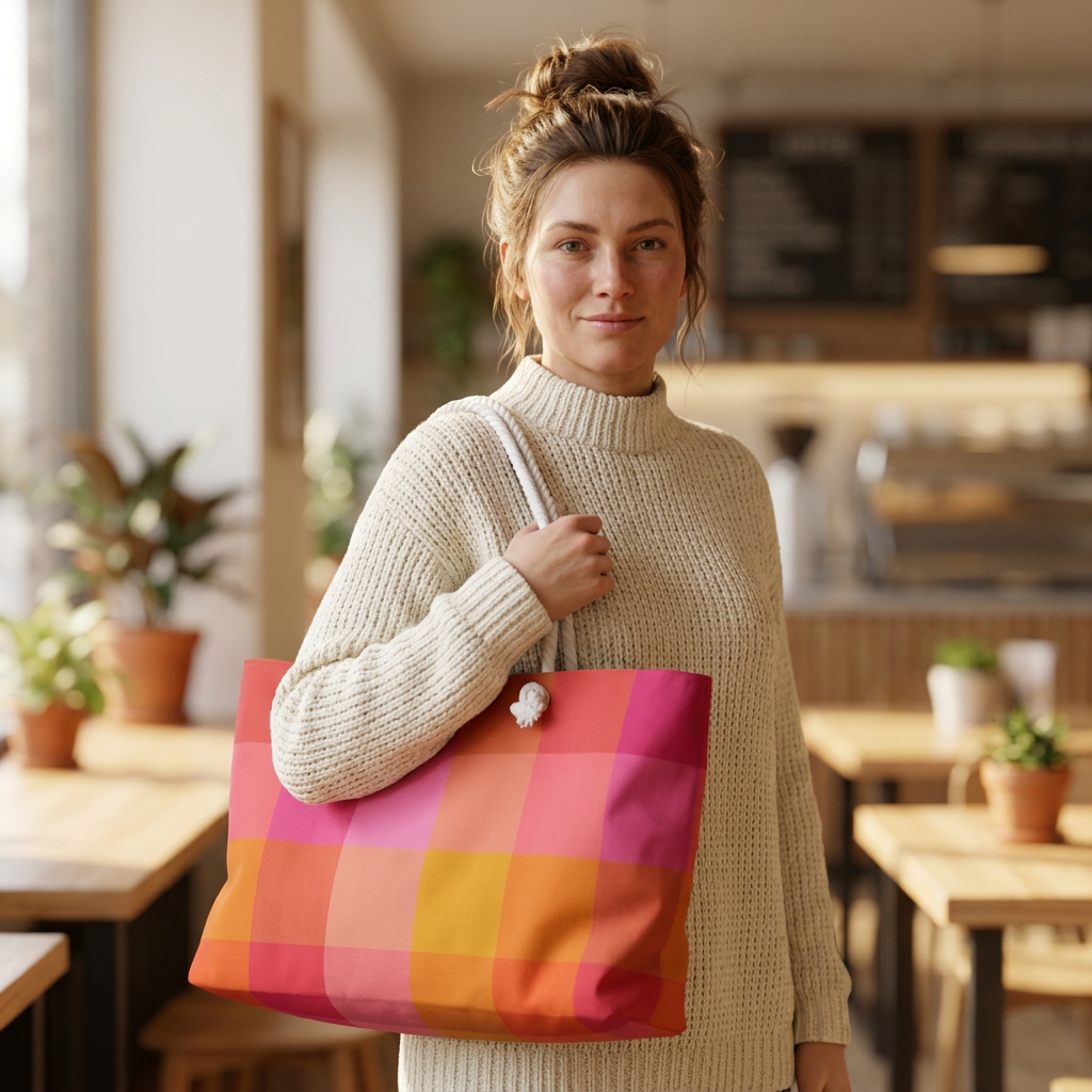Colorblock plaid oversized campus tote carried on shoulder in warm interior setting - LeBonJournal