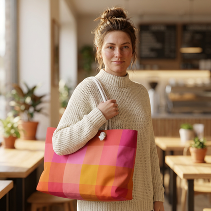 Colorblock plaid oversized campus tote carried on shoulder in warm interior setting - LeBonJournal