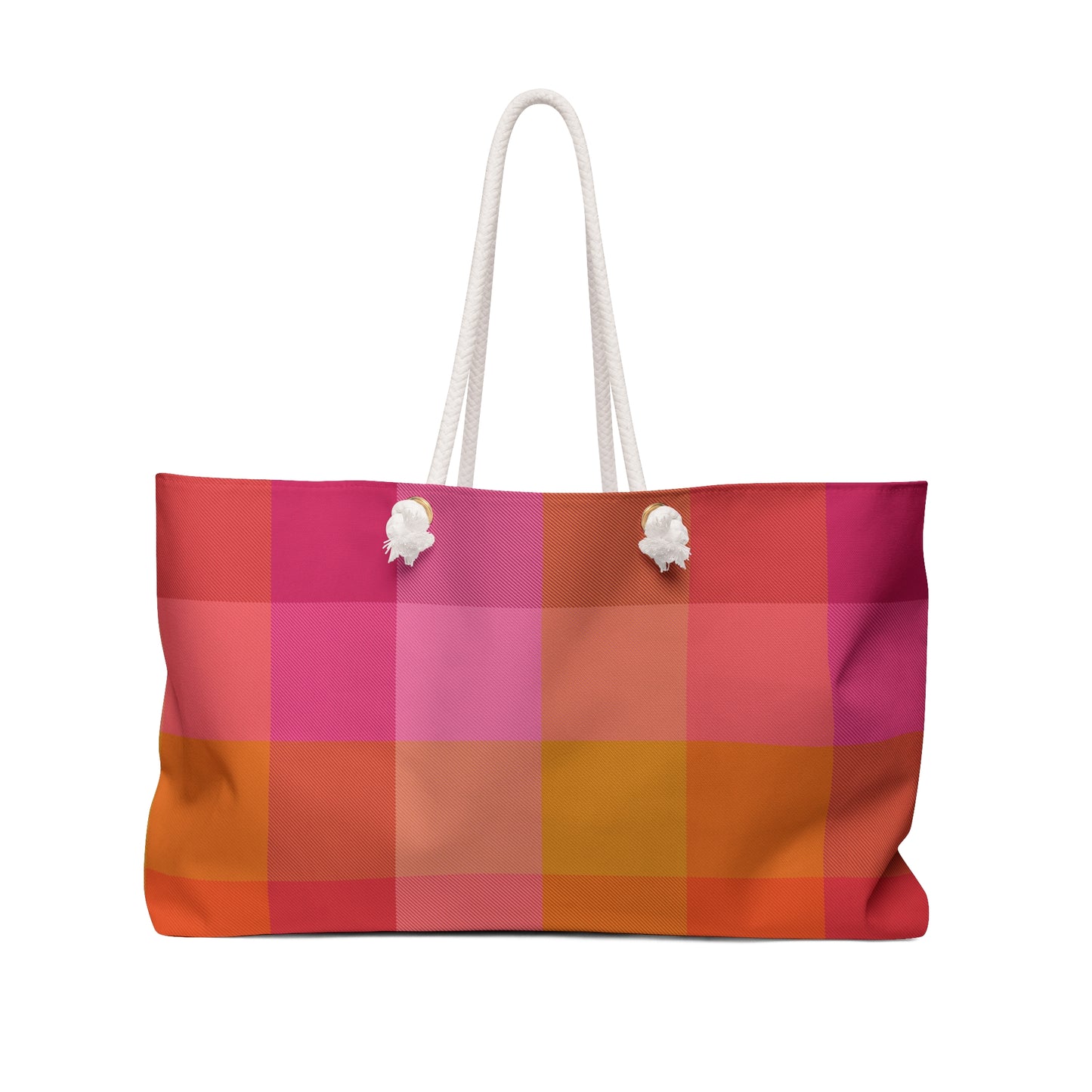 Colorblock plaid campus tote in vibrant pink orange and saffron with cream rope handles and gold grommets - LeBonJournal