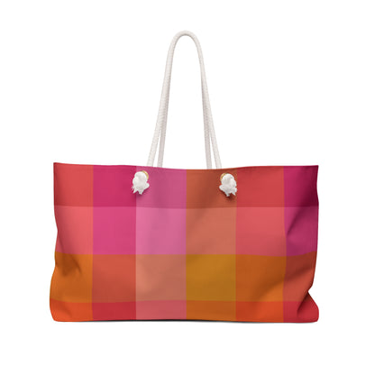 Colorblock plaid campus tote in vibrant pink orange and saffron with cream rope handles and gold grommets - LeBonJournal