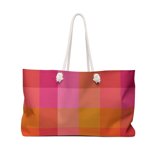 Colorblock plaid campus tote in vibrant pink orange and saffron with cream rope handles and gold grommets - LeBonJournal