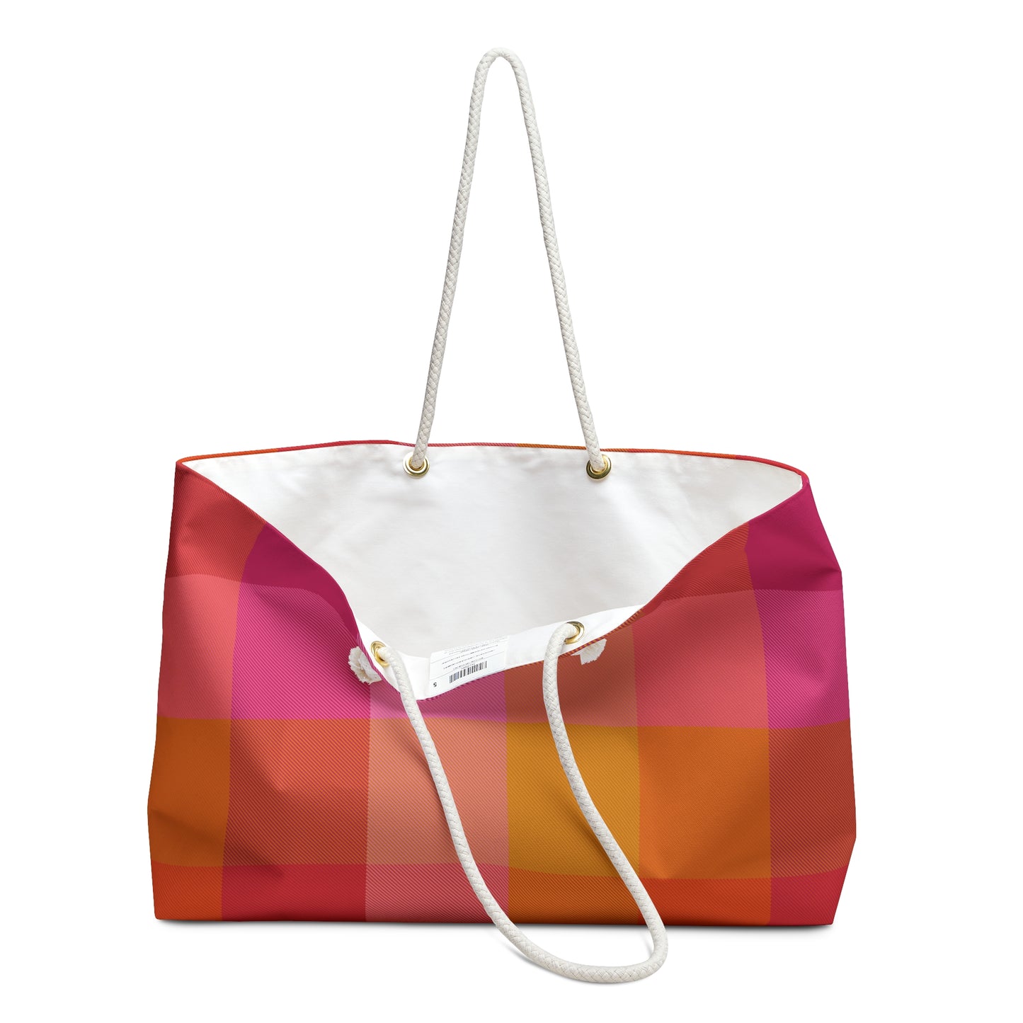 Detail of cream cotton rope handles gold-tone grommets and cream interior lining of colorblock plaid campus tote - LeBonJournal