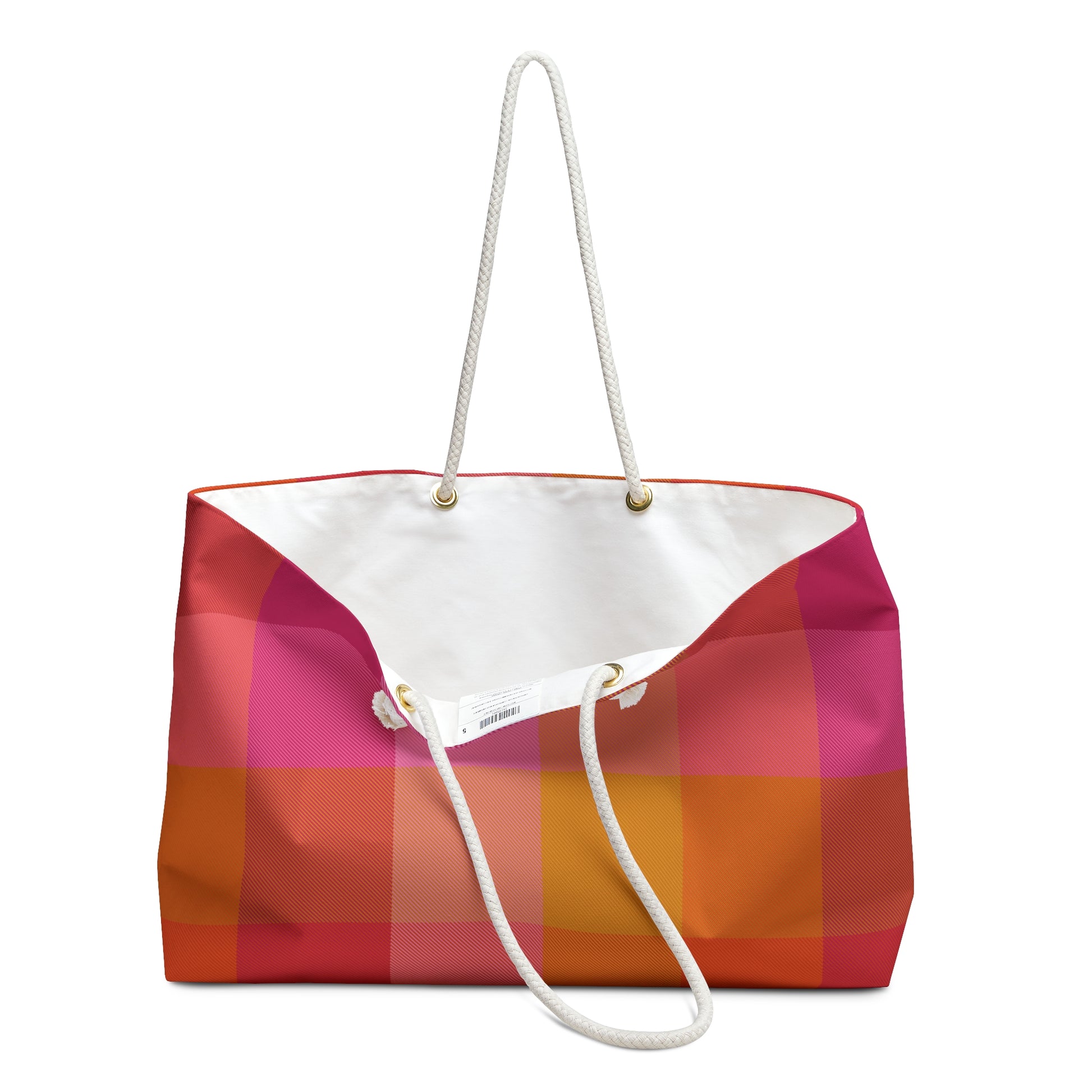 Detail of cream cotton rope handles gold-tone grommets and cream interior lining of colorblock plaid campus tote - LeBonJournal
