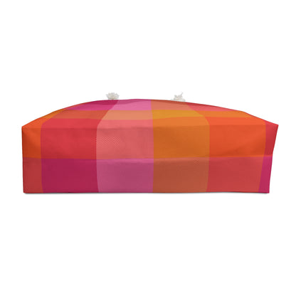 Colorblock plaid campus tote showing t-bottom structured base in pink orange and saffron checker pattern - LeBonJournal