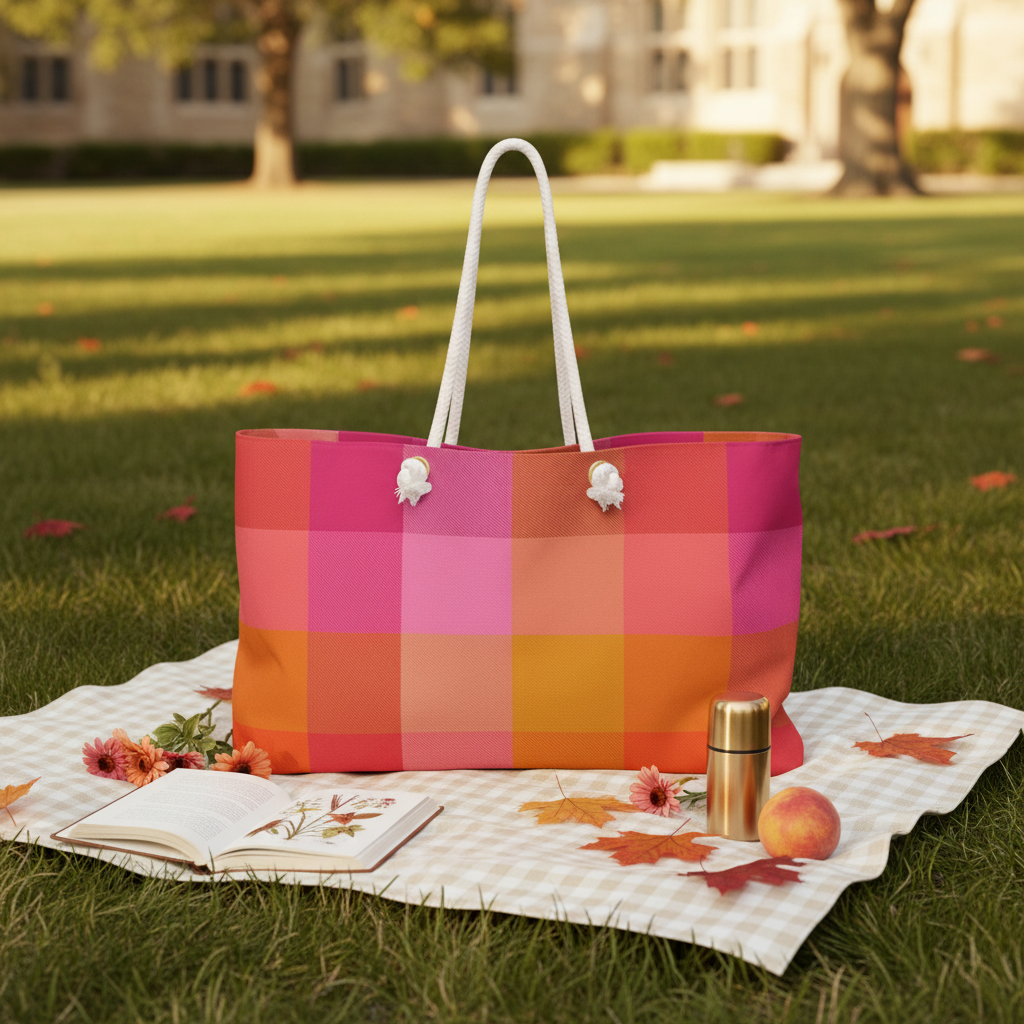 Colorblock plaid campus tote on picnic blanket on university lawn with journal wildflowers and golden afternoon light - LeBonJournal