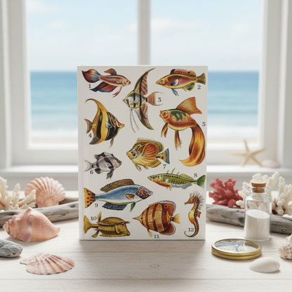 Colorful Fishes hardcover journal standing on coastal table near window with ocean view, seashells, coral, nautical compass, driftwood, bright natural light, seaside stationery for ocean lovers and marine enthusiasts - LeBonJournal