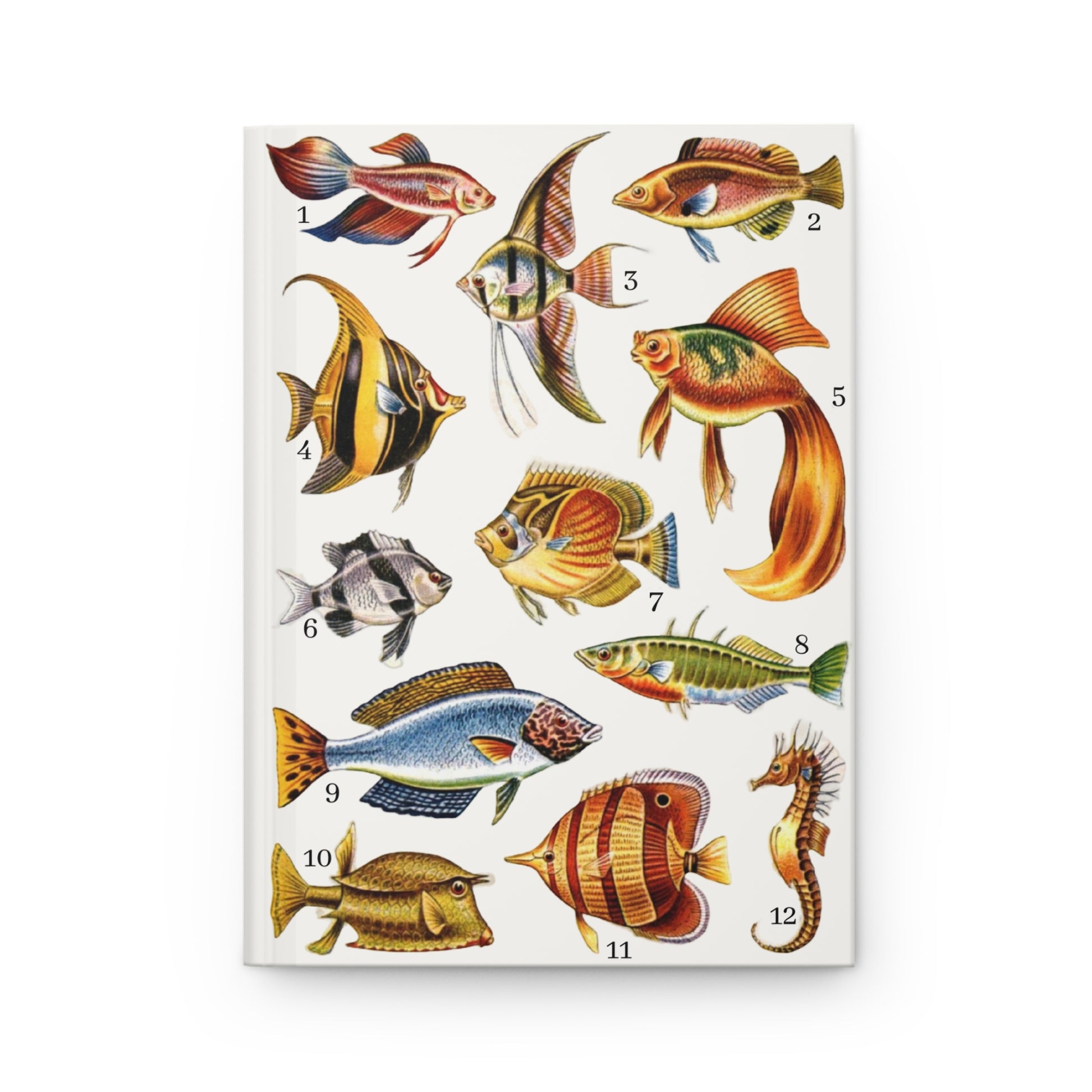 Front cover of Colorful Fishes journal featuring vintage encyclopedia aquarium fish illustrations with ornamental species, Siamese fighting fish, and tropical marine life on premium matte hardcover - LeBonJournal