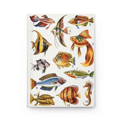 Front cover of Colorful Fishes journal featuring vintage encyclopedia aquarium fish illustrations with ornamental species, Siamese fighting fish, and tropical marine life on premium matte hardcover - LeBonJournal