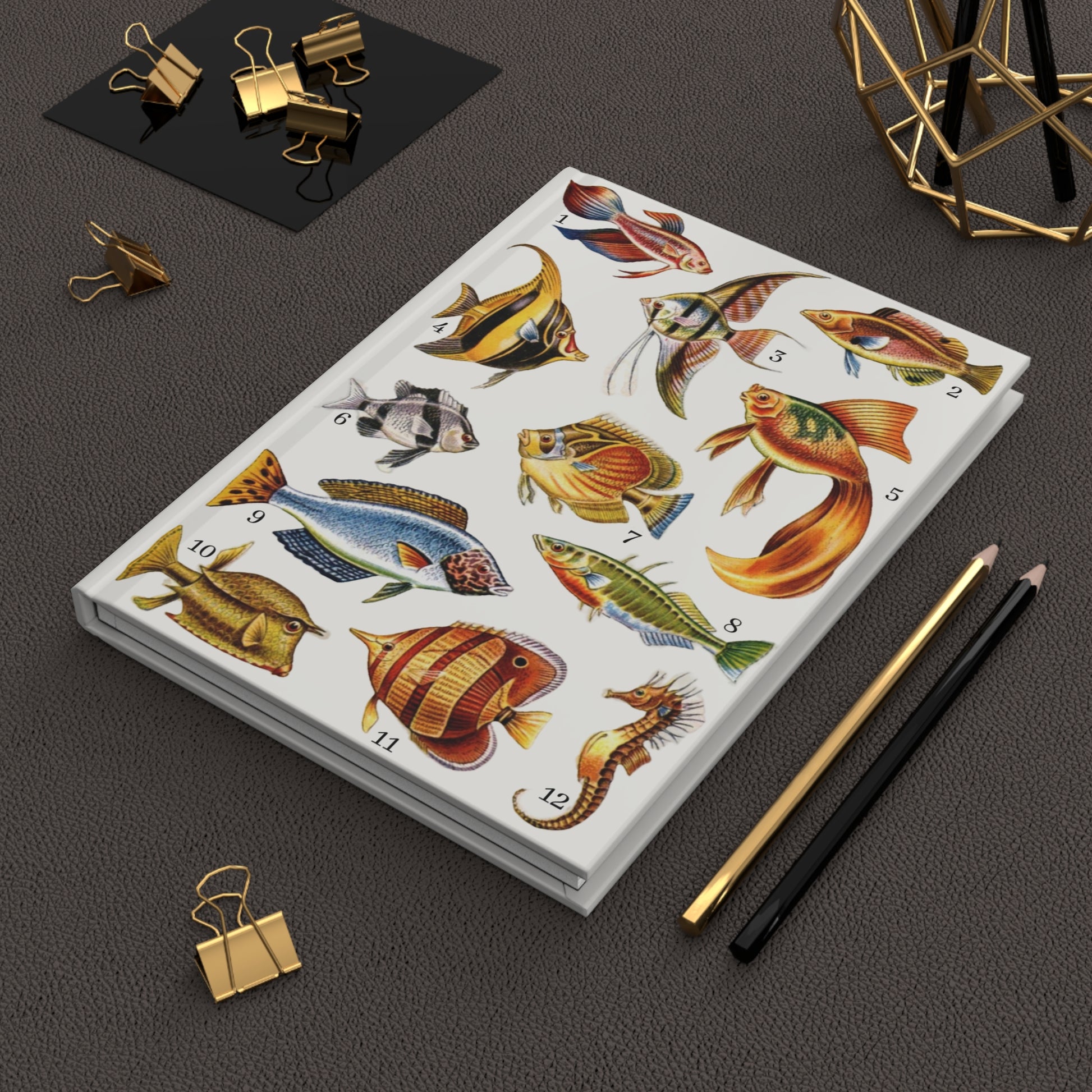 Colorful Fishes hardcover journal in lifestyle setting, premium matte finish journal featuring vintage marine life illustrations, elegant stationery for ocean lovers, aquarium hobbyists, and marine biology students - LeBonJournal