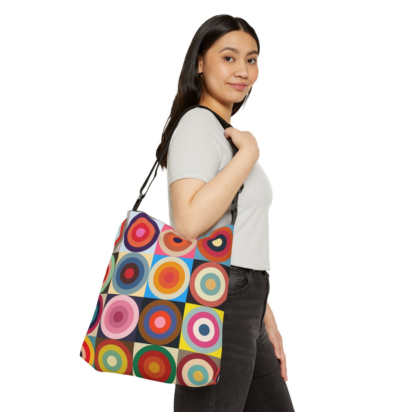 Young woman wearing colorful retro circles crossbody bag 16x16 inches with adjustable strap - LeBonJournal