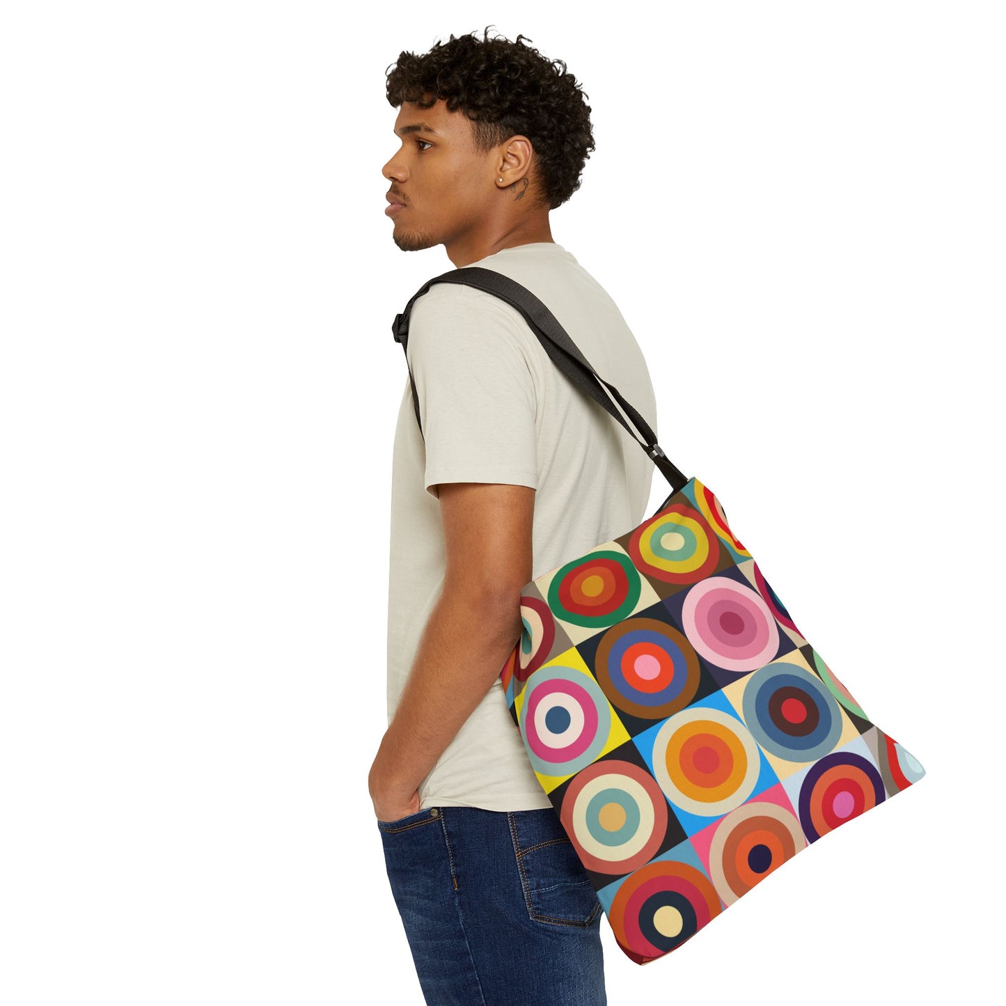 Young man wearing colorful retro circles crossbody bag 18x18 inches, unisex everyday campus bag - LeBonJournal