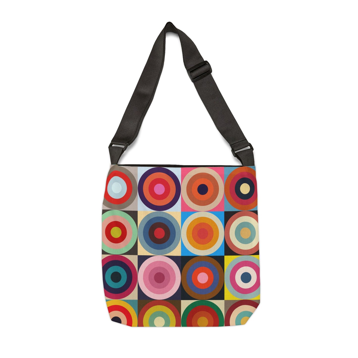 Colorful retro circles crossbody bag back view, spun polyester wrinkle-resistant fabric - LeBonJournal