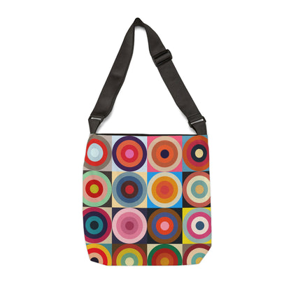Colorful retro circles crossbody bag back view, spun polyester wrinkle-resistant fabric - LeBonJournal