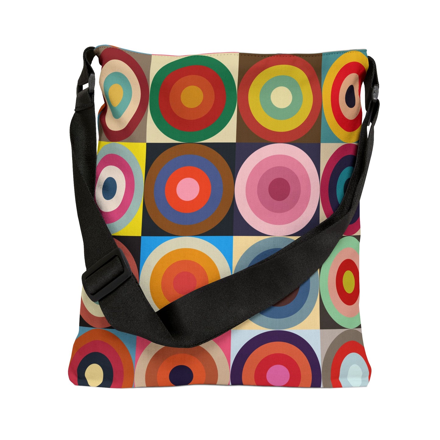 Colorful retro circles crossbody bag standing with strap down, multicolor geometric pattern - LeBonJournal