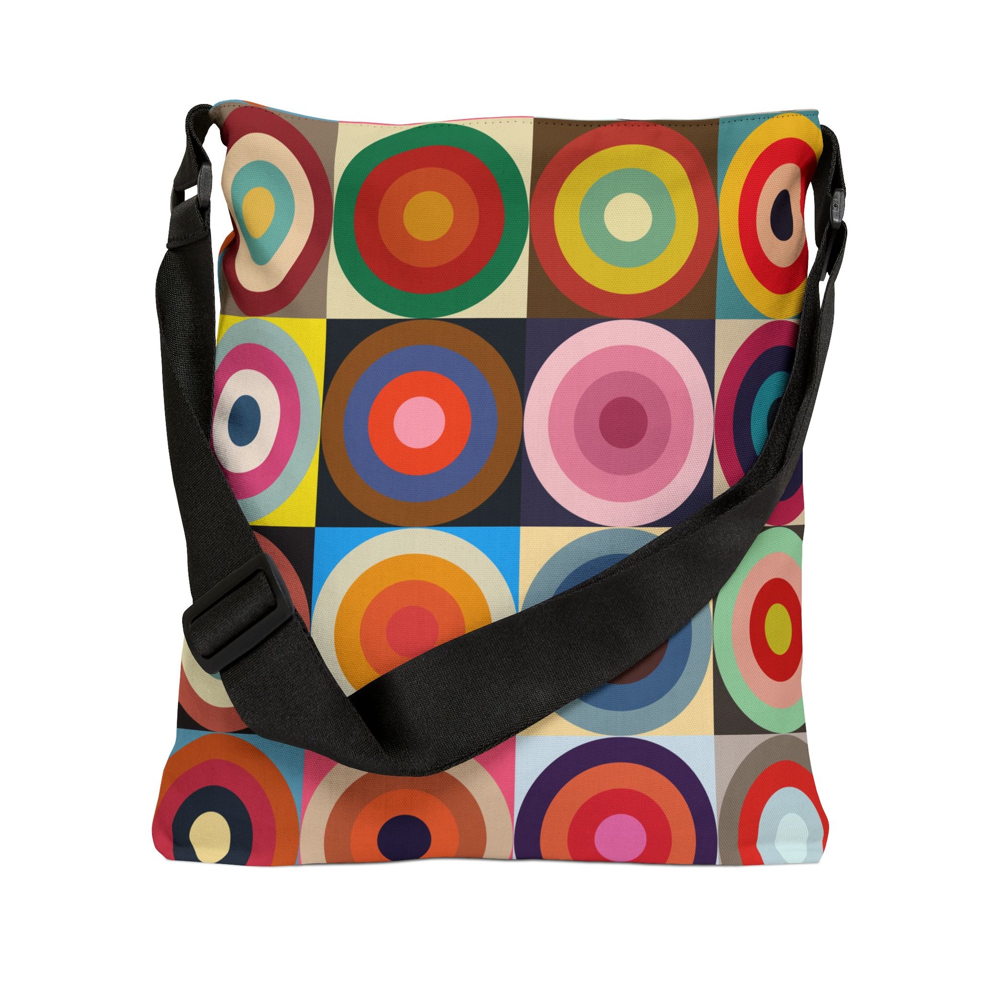 Colorful retro circles crossbody bag standing with strap down, multicolor geometric pattern - LeBonJournal
