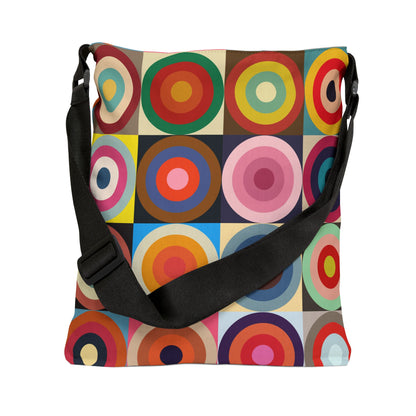 Colorful retro circles crossbody bag standing with strap down, multicolor geometric pattern - LeBonJournal