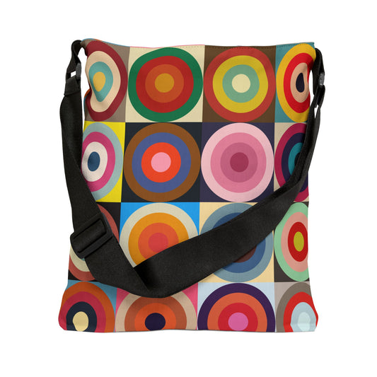 Colorful retro circles crossbody bag standing with strap down, multicolor geometric pattern - LeBonJournal
