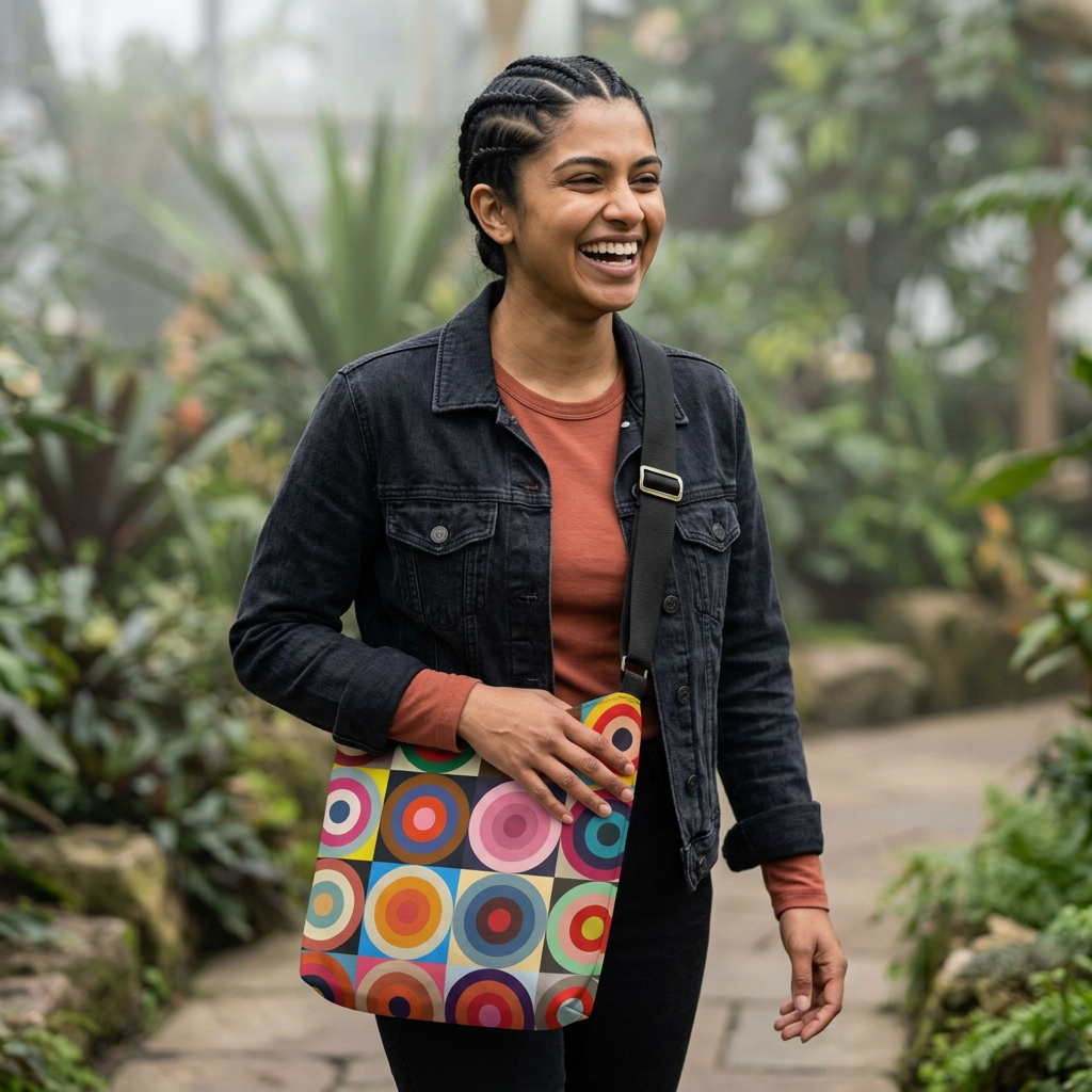 Young woman wearing colorful retro circles crossbody bag on botanical garden path, bold geometric everyday carry - LeBonJournal