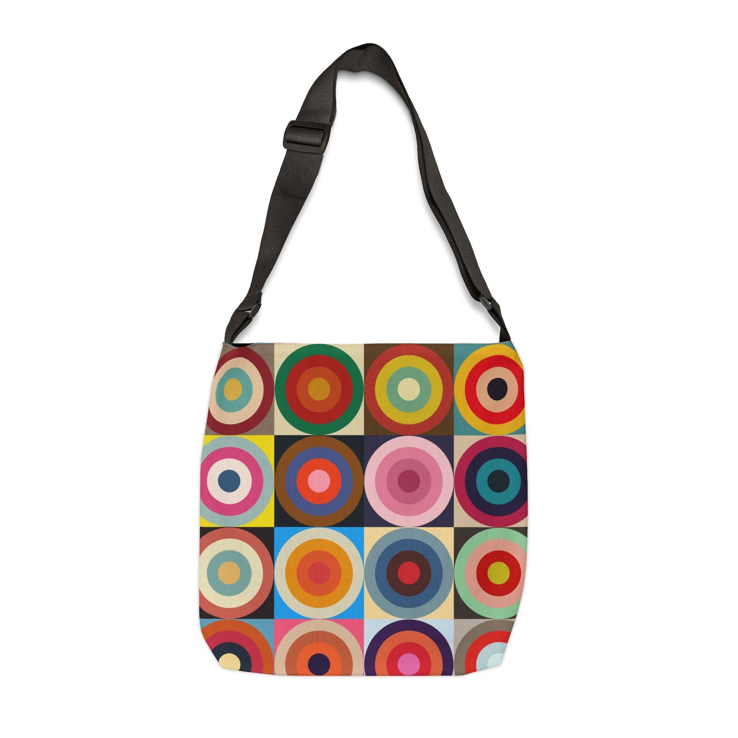 Colorful retro circles crossbody bag front view, bold multicolor concentric circles pattern - LeBonJournal