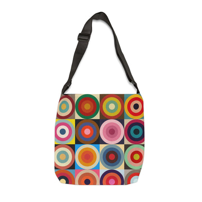 Colorful retro circles crossbody bag front view, bold multicolor concentric circles pattern - LeBonJournal