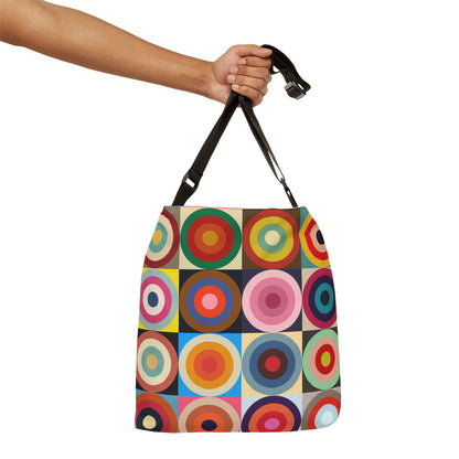 Hand holding colorful retro circles crossbody bag by adjustable strap, multicolor geometric design - LeBonJournal