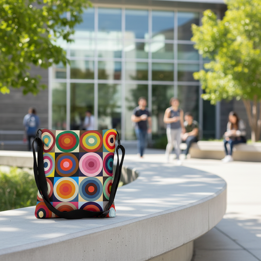 Colorful retro circles crossbody bag on concrete bench in modern university patio - LeBonJournal