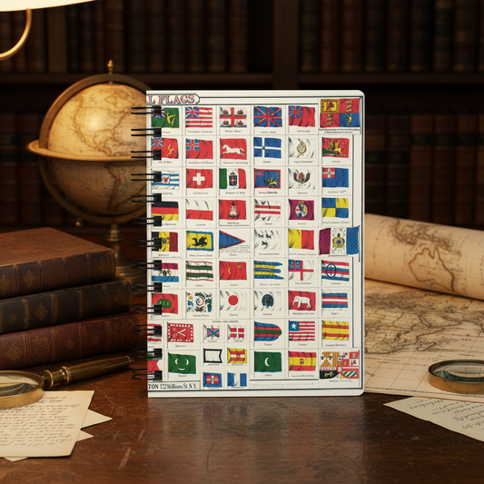 Colton 1863 national flags spiral journal in Victorian library study with vintage world map brass globe and magnifying glass - LeBonJournal