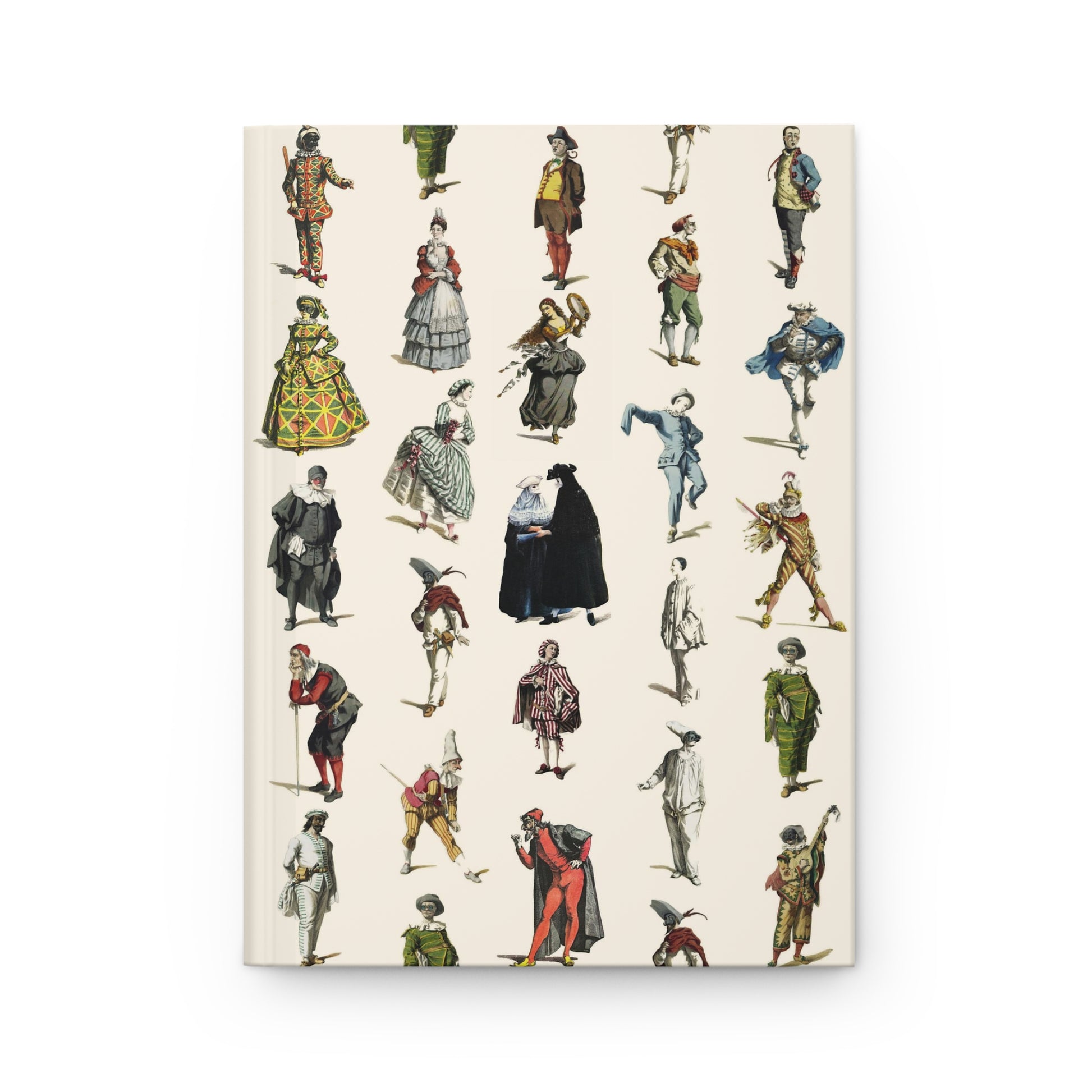 Commedia dell'Arte front cover with Arlecchino, Colombina, Pantalone, Il Dottore and Innamorati on warm cream ground, vintage theatrical illustration - LeBonJournal