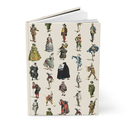 Commedia dell'Arte hardcover journal standing vertically slightly open showing lined pages, Arlecchino Colombina Pantalone vintage cover - LeBonJournal