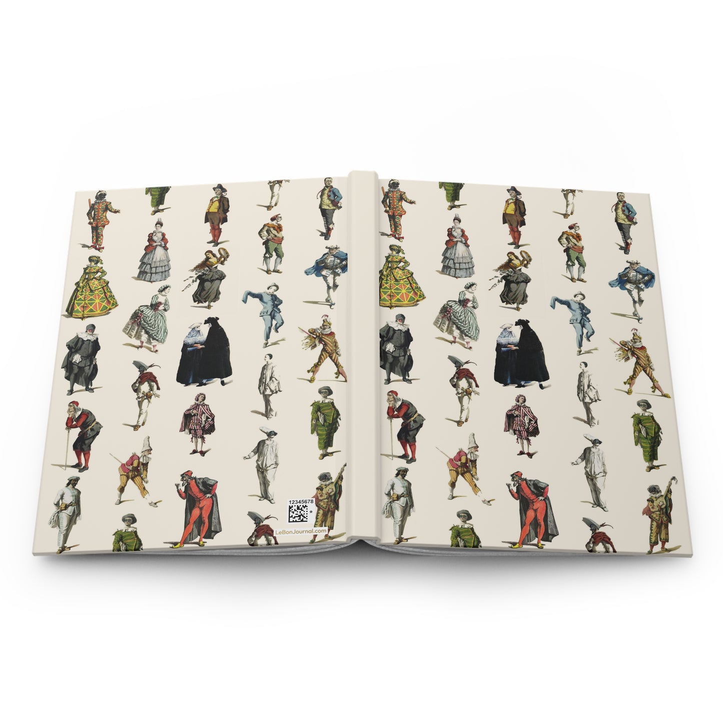 Commedia dell'Arte hardcover journal open showing front and back covers with casewrap sewn spine, Arlecchino Colombina Pantalone - LeBonJournal