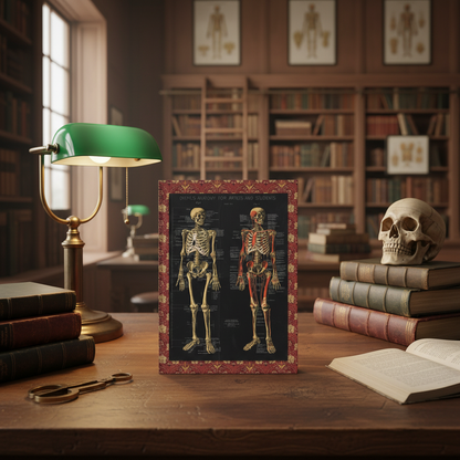 Conrad Diehl anatomical skeleton journal in vintage medical library with antique anatomy atlases brass lamp and skeletal specimens - LeBonJournal