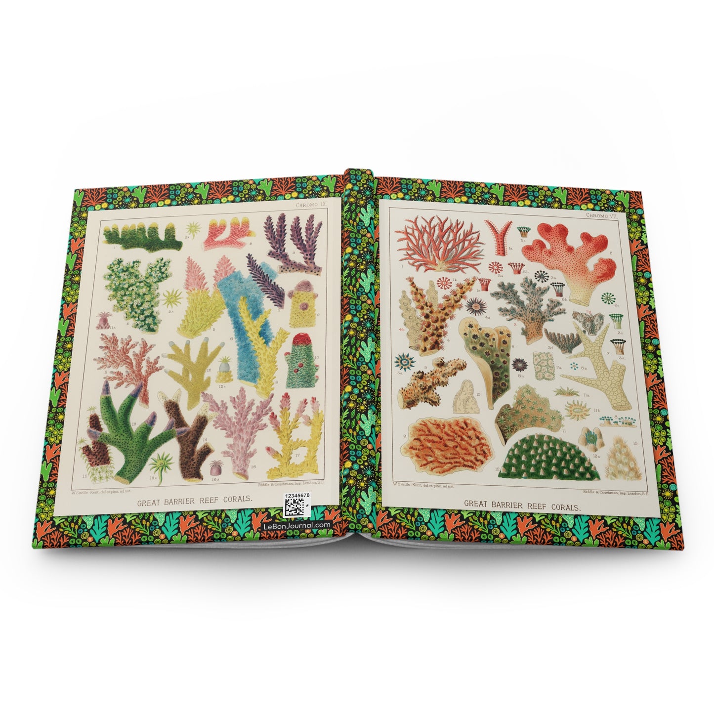Coral hardcover journal spine and full-wrap William Saville-Kent 1893 chromolithographs - LeBonJournal
