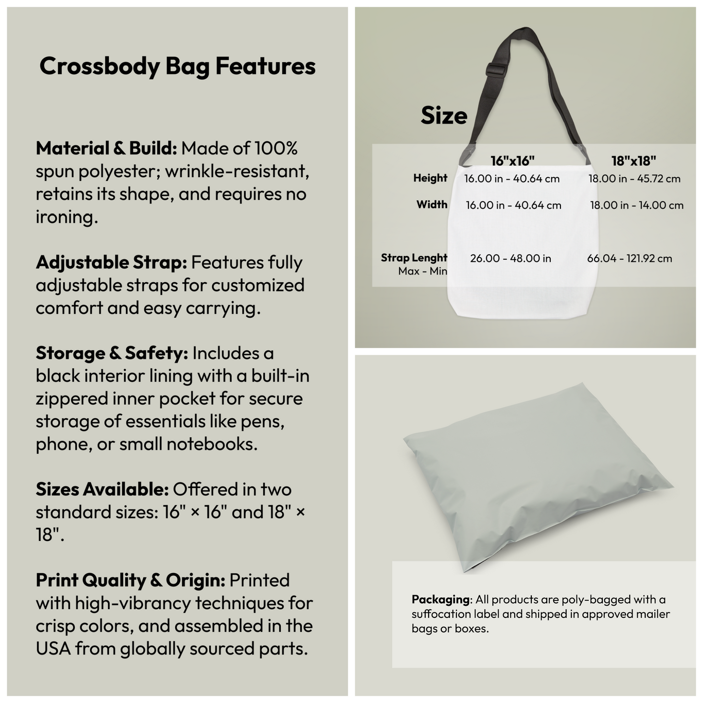 Crossbody bag product specifications, 100% spun polyester assembled in the USA - LeBonJournal