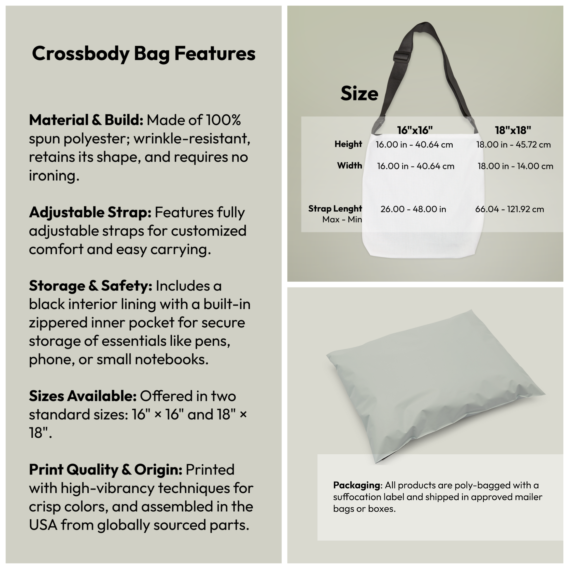 Crossbody bag product specifications, 100% spun polyester assembled in the USA - LeBonJournal