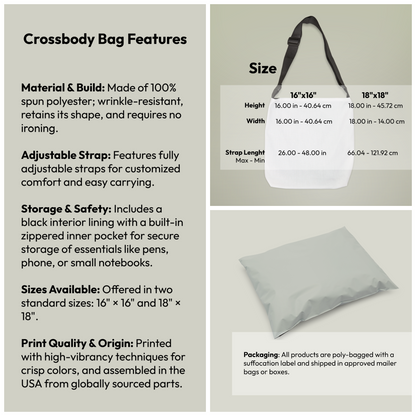 Crossbody bag product specifications, 100% spun polyester assembled in the USA - LeBonJournal
