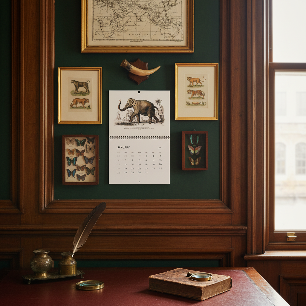 D'Orbigny 1849 great menagerie elephant January calendar in English naturalist study with boiserie wall and vintage zoological prints - LeBonJournal