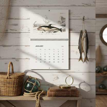 D'Orbigny 1849 ocean cabinet wall calendar in rustic fishing cabin with vintage fishing gear and natural history books - LeBonJournal