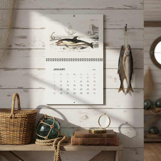 D'Orbigny 1849 ocean cabinet wall calendar in rustic fishing cabin with vintage fishing gear and natural history books - LeBonJournal