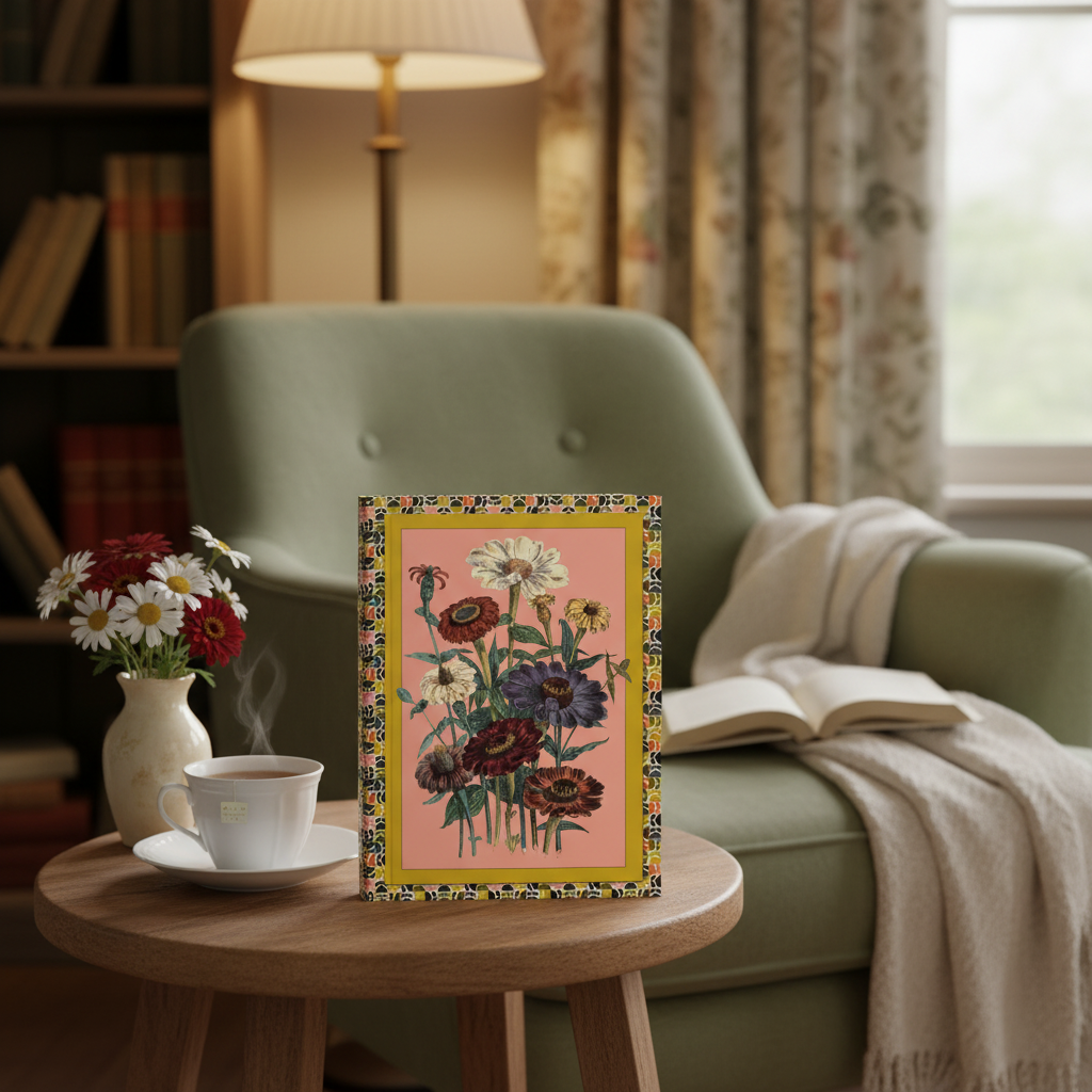 Jane Webb Loudon 1840 Daisies Zinnias journal in Victorian reading nook with velvet armchair tea cup daisy - LeBonJournal