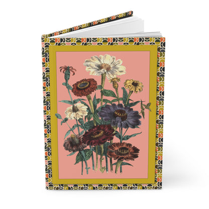Daisies and Zinnias journal with Jane Webb Loudon 1840 hand-coloured lithograph Plates 31 and 35 dusty rose ochre border - LeBonJournal