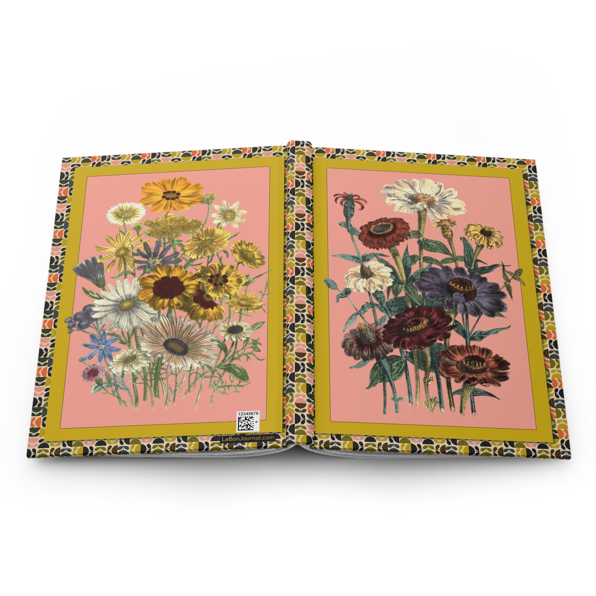 Jane Webb Loudon 1840 Daisies Zinnias hardcover journal spine and full-wrap Victorian botanical lithograph dusty rose ochre - LeBonJournal