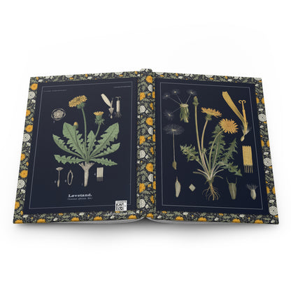 Open Dandelion journal showing durable casewrap binding, hardcover construction with Ebba Masalin 1905 and Olaf Alfred Hoffstad 1899 botanical illustrations on front and back covers, and flexible spine for lay-flat writing - LeBonJournal
