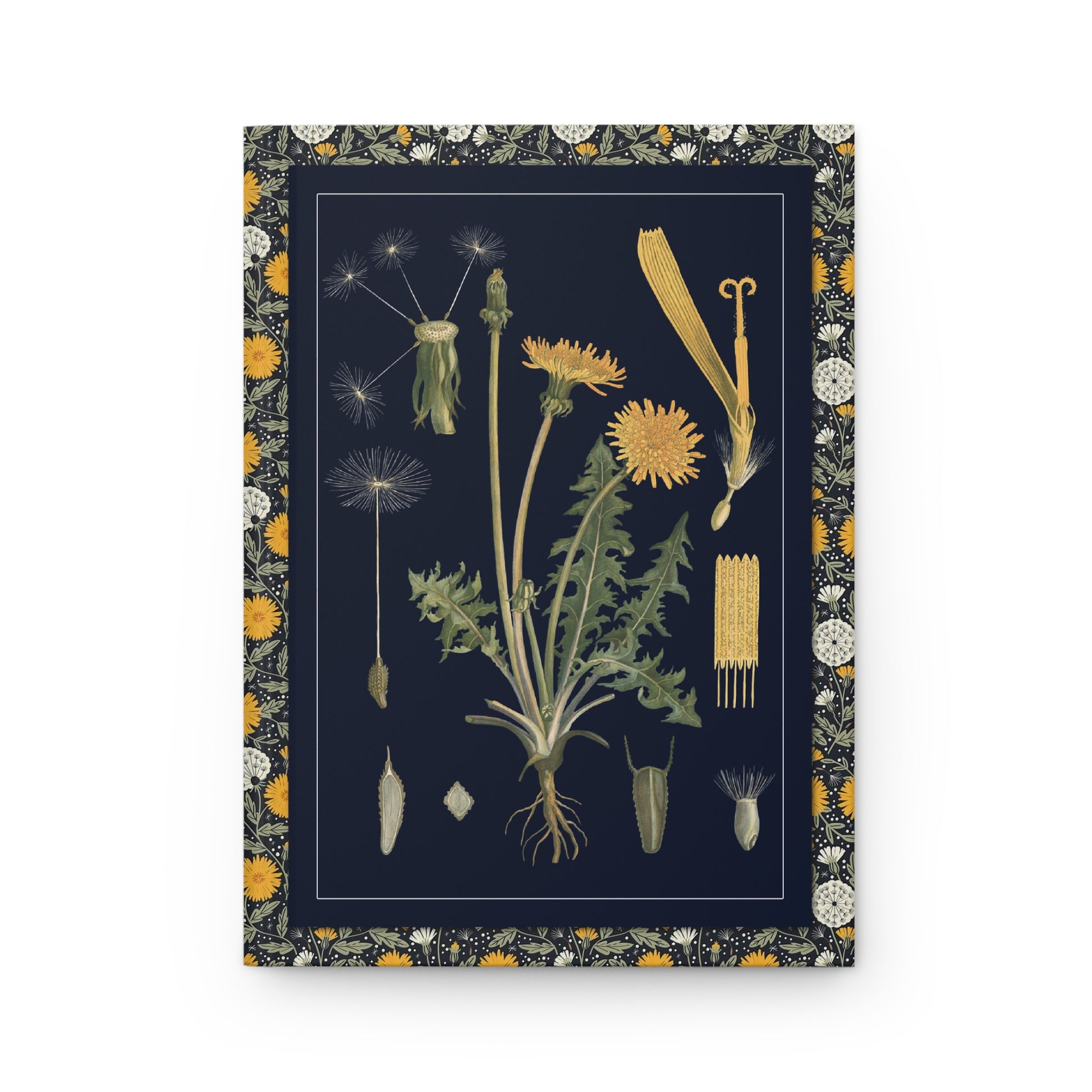 Front cover of Dandelion journal featuring Ebba Masalin 1905 Finnish opetustaulu school poster with detailed anatomical study of common dandelion showing roots, leaves, flowers and seeds on premium matte hardcover - LeBonJournal