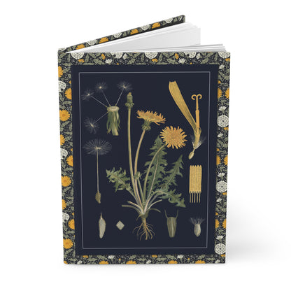 Hardcover dandelion journal standing upright showing front cover with Ebba Masalin 1905 Finnish educational poster featuring Taraxacum officinale with taproot, jagged leaves, flower heads and seed dispersal on matte finish cover - LeBonJournal